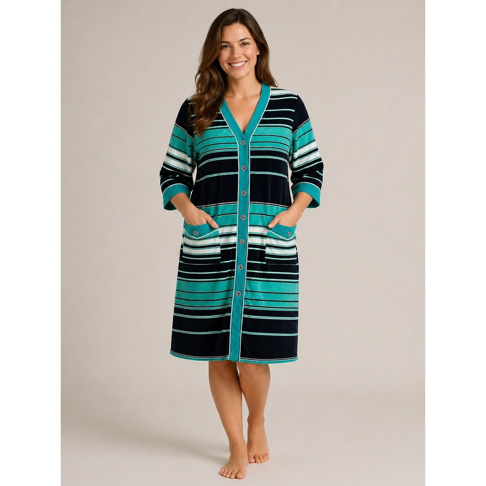Vintage Striped 70s/80s Velour Robe Housecoat Sz 60 Teal‎ Retro Buttons XXL